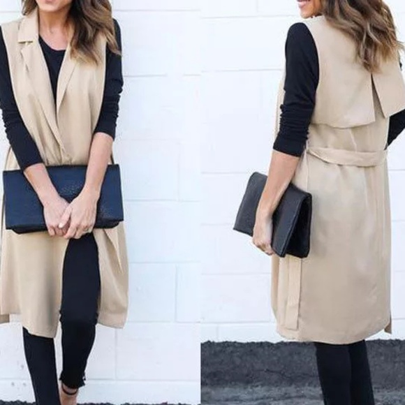 Jackets & Blazers - Beige lapel waterfall open sleeveless long vest